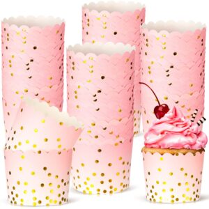 100 pcs pink cupcake liners 4.5 oz gold polka dot paper baking cups for muffins desserts bake, easter, baby showers, wedding and birthday party