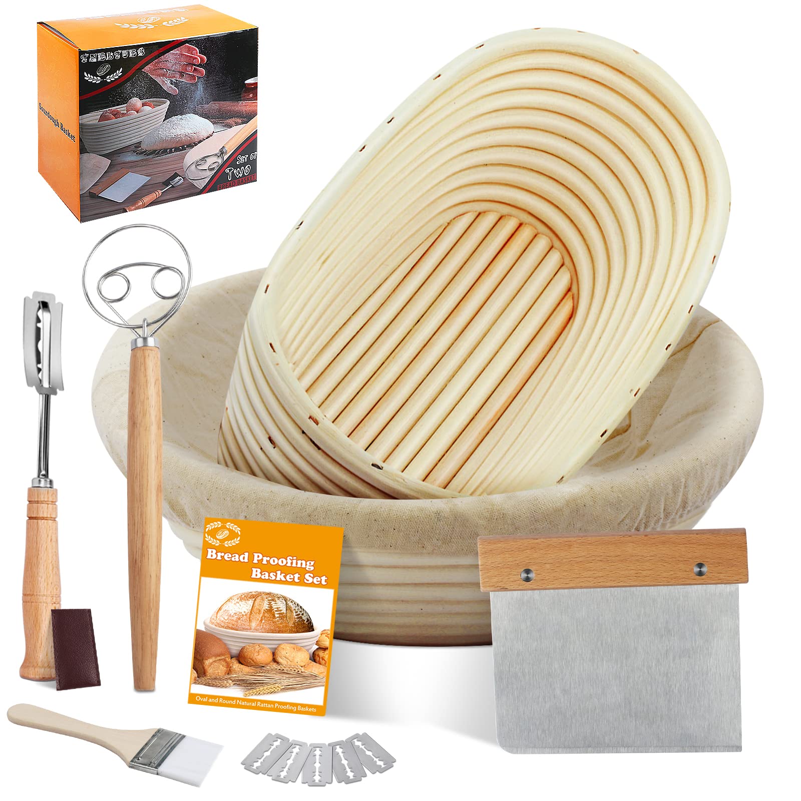 Bread Proofing Basket Set 9.6 Inch Oval & 10 Inch Round Banneton Proofing Baskets Top Grade Rattan Bowl with Bread Lame Dough Scraper Proofing Cloth Liner for Home & Professional Bakers Set of 2