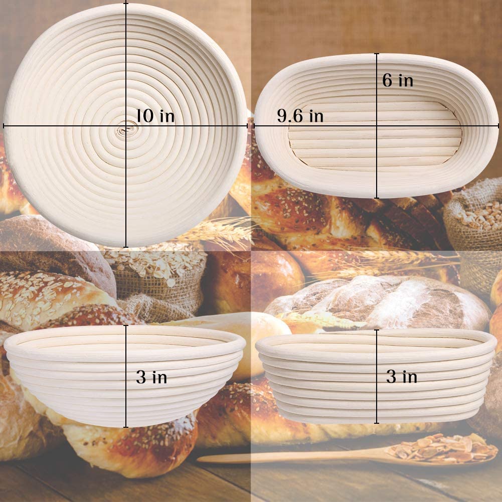 Bread Proofing Basket Set 9.6 Inch Oval & 10 Inch Round Banneton Proofing Baskets Top Grade Rattan Bowl with Bread Lame Dough Scraper Proofing Cloth Liner for Home & Professional Bakers Set of 2