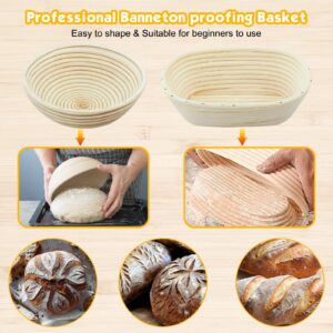 Bread Proofing Basket Set 9.6 Inch Oval & 10 Inch Round Banneton Proofing Baskets Top Grade Rattan Bowl with Bread Lame Dough Scraper Proofing Cloth Liner for Home & Professional Bakers Set of 2