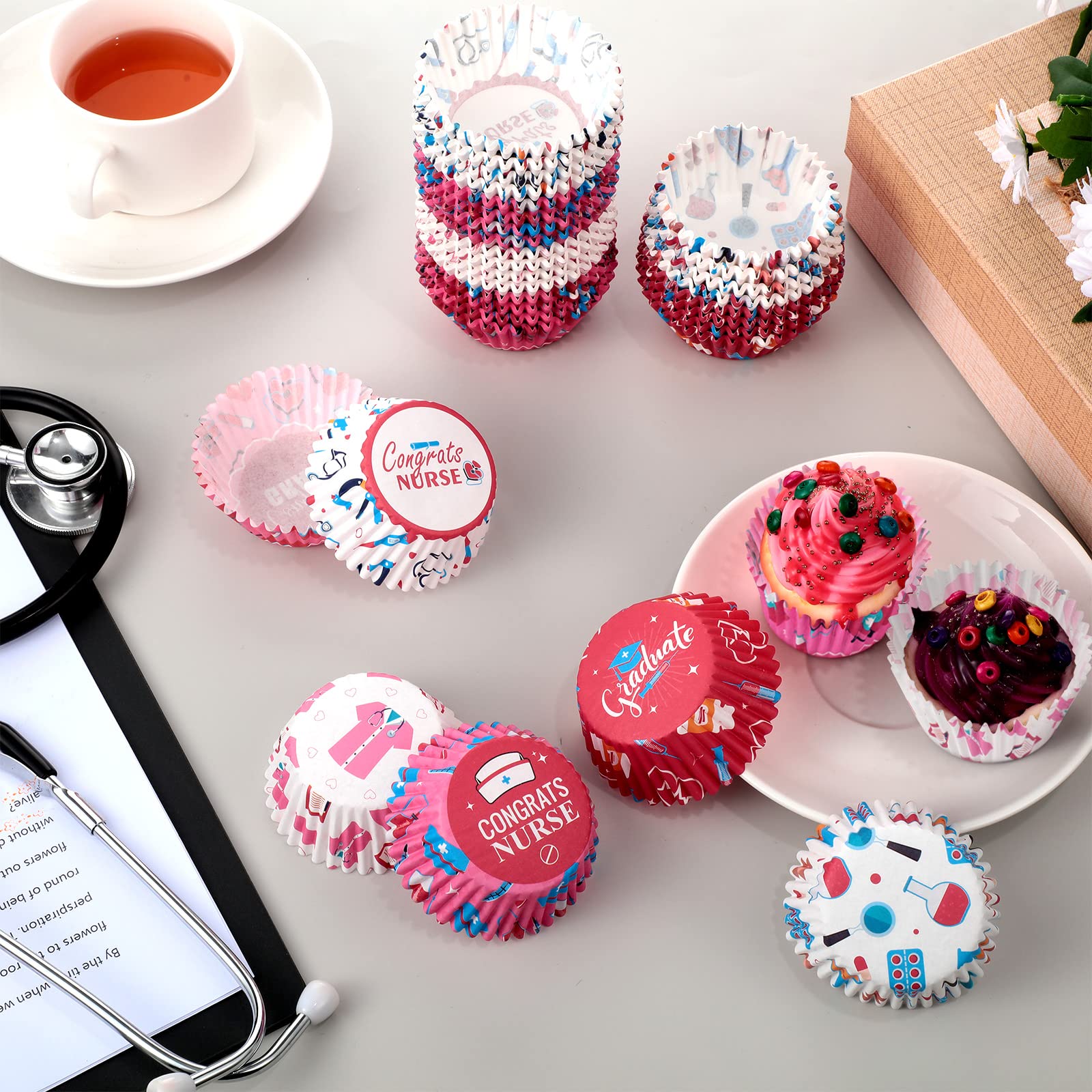 600 Count Nurse Graduation Cupcake Liners Nurse's Hat Stethoscope Thermometer Cupcake Baking Cups Cupcake Paper Wrappers Wraps Muffin Case Trays for Nurse Graduation Party Supplies