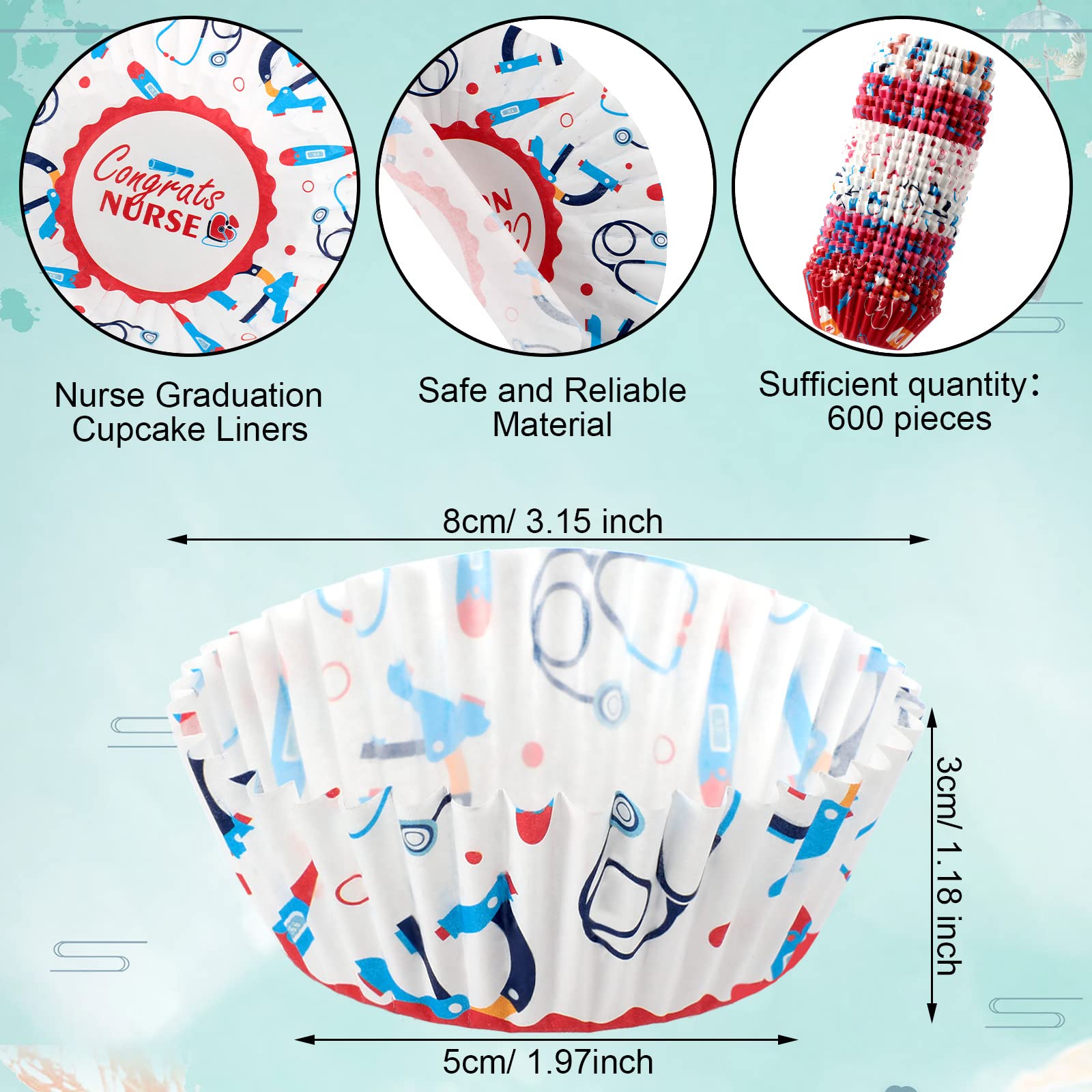 600 Count Nurse Graduation Cupcake Liners Nurse's Hat Stethoscope Thermometer Cupcake Baking Cups Cupcake Paper Wrappers Wraps Muffin Case Trays for Nurse Graduation Party Supplies