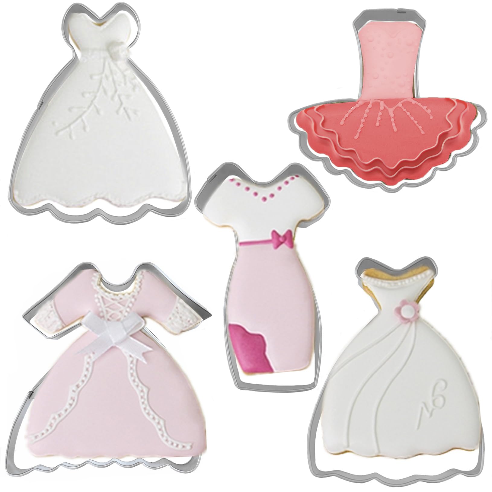 Dress Shaped Cookie Cutters Set of 5 pcs, Stainless Steel Wedding Dress Princess Dress Fondant Cutter Molds Baking DIY