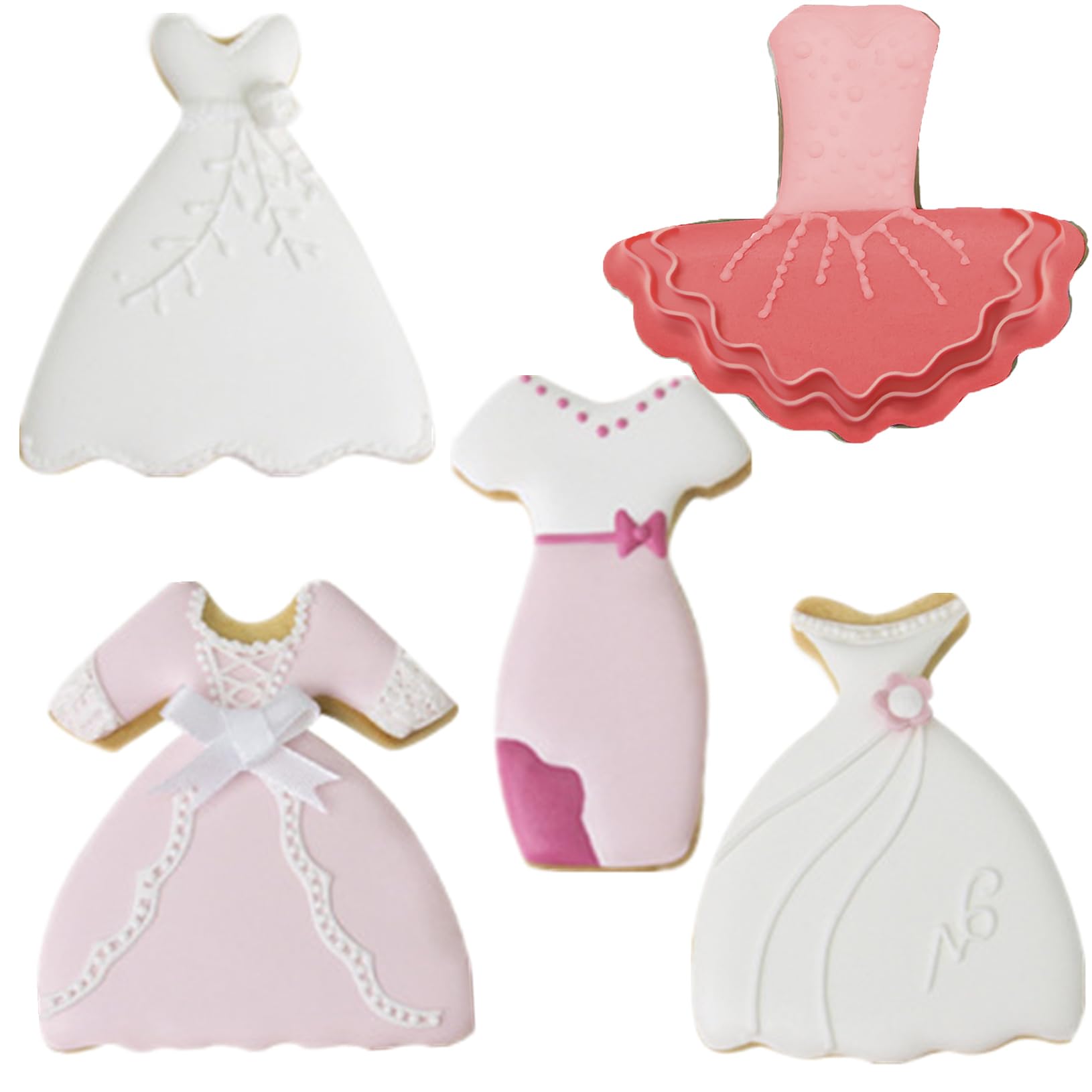 Dress Shaped Cookie Cutters Set of 5 pcs, Stainless Steel Wedding Dress Princess Dress Fondant Cutter Molds Baking DIY