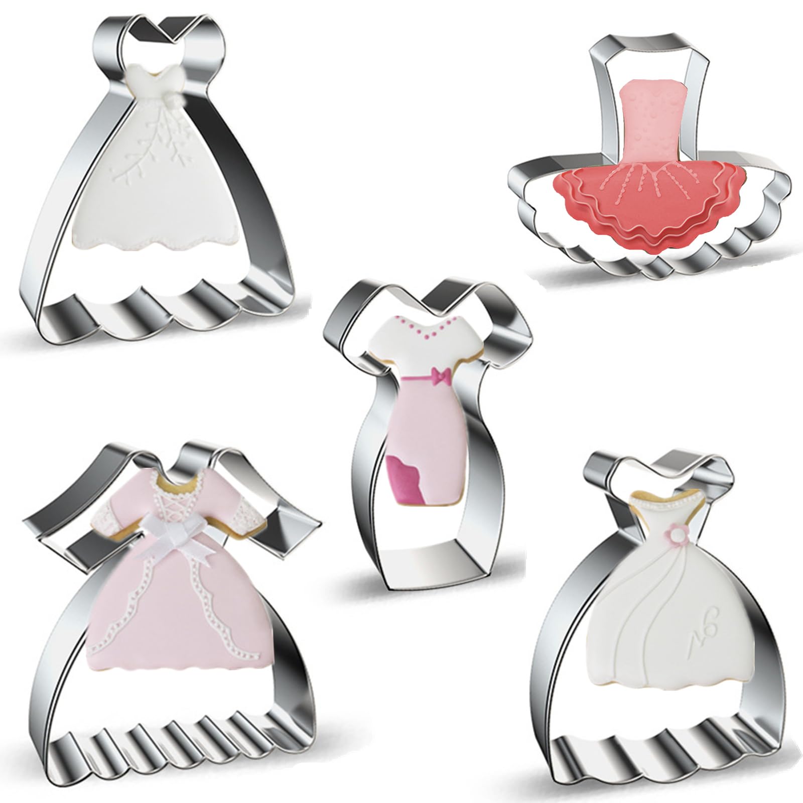 Dress Shaped Cookie Cutters Set of 5 pcs, Stainless Steel Wedding Dress Princess Dress Fondant Cutter Molds Baking DIY