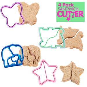 sandwich cutters for kids, 4 pk - cute bread crust & cookie cutters with butterfly, star, dinosaur & elephant - great for school lunches and home baking