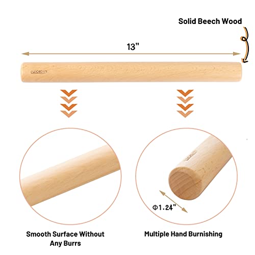 Luxdecor Wooden Rolling Pin for Baking Dowel Small Pizza Dough Roller Mini Kids 13 Inch by 1.24 Inch Non Stick Beech Wood Natural