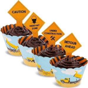 Juvale 100-Piece Construction Zone Cupcake Toppers and Wrapper Liners for Kids Birthday Party Supplies