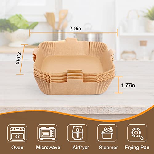 FHCXEWH Air Fryer Disposable Paper Liner 100PCS, ( 5 to 8 QT ), Oil-proof Filter, Non-stick Parchment, Liners for, Baking, Picnic, Microwave, Roasting and Cooking, 7.9*7.9*1.77, Nature