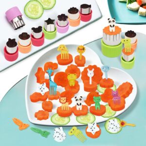 42Pcs Vegetable Fruit Cutter Shapes Sets, Coolrunner 12Pcs Vegetable Cutters and 30Pcs Animal Food Picks for Kids, Mini Cookie Cutters Sandwich Cutter with Rabbit Elephant Fruit Picks for Bento Box