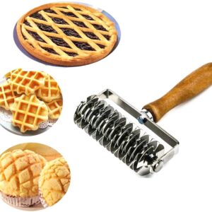 Hosmide Kitchen Baking Dough Cookie Pie Pizza Pastry Lattice Roller Cutter Baking Tool - Stainless Steel - Wood handle