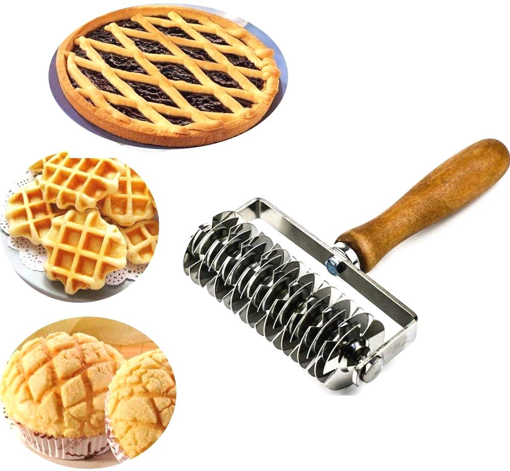 Hosmide Kitchen Baking Dough Cookie Pie Pizza Pastry Lattice Roller Cutter Baking Tool - Stainless Steel - Wood handle