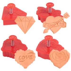 FVVMEED 4 Pieces Valentine's Day Love Couple Rose Diamond Biscuit Cutters Cookie Stamps Plunger Cutter Fondant Molds Embossing Spring Mold Press Cupcake Gum Paste Sugar Craft Decorating Baking Tool