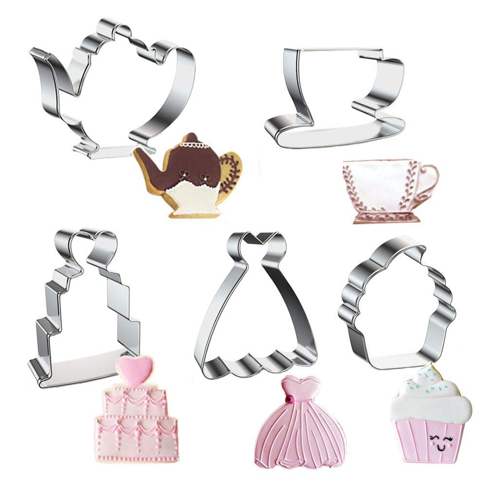 Tea Cookie Cutter Set, 5 Pieces Teapot Teacup Cookie Cutters Kit Stainless Steel Metal Cupcake and Princess Dress Molds Cutters for Tea Party Cake Decorations