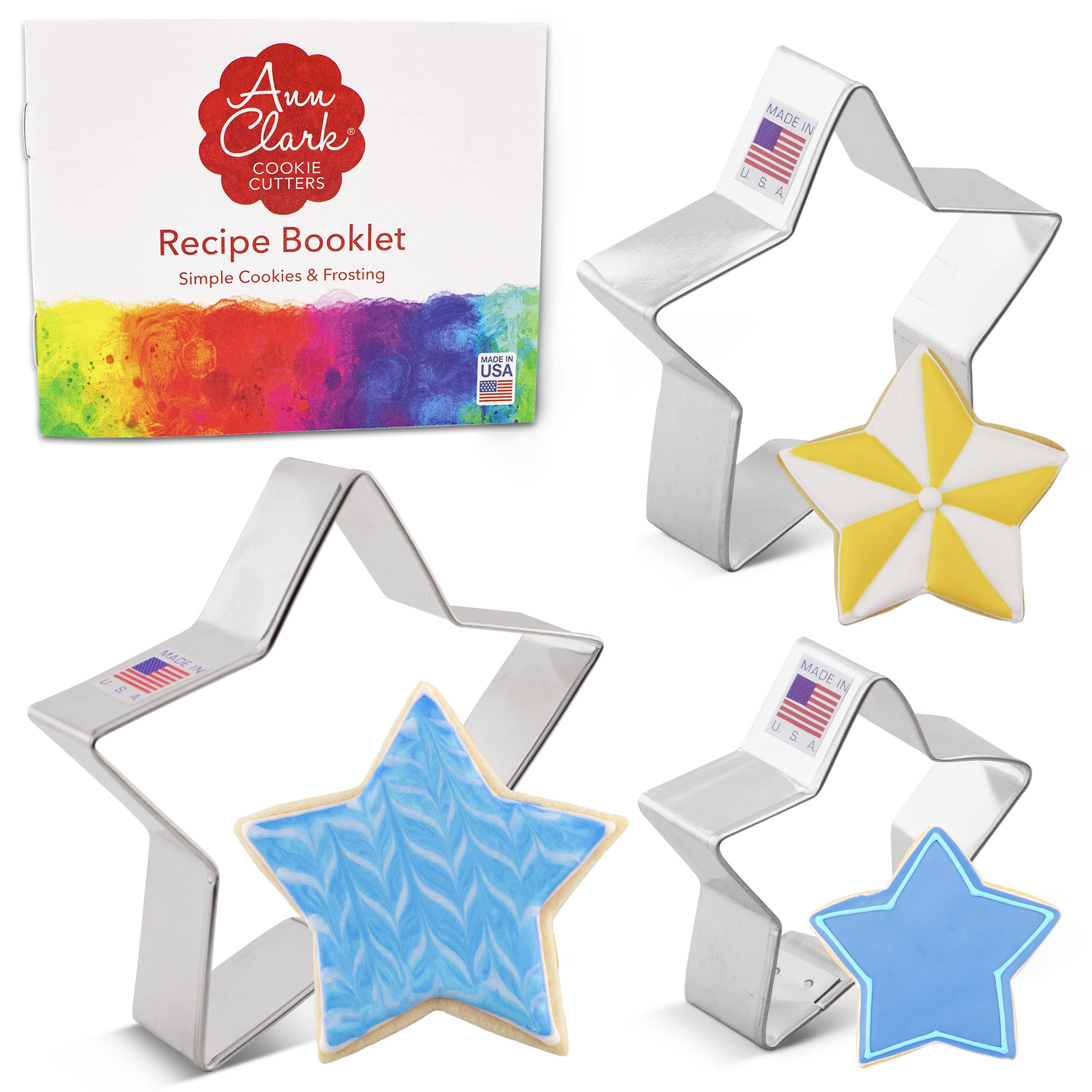 Star Cookie Cutters 3-Pc. Set Made in the USA by Ann Clark, 4", 3.25", 2.75" Shapes