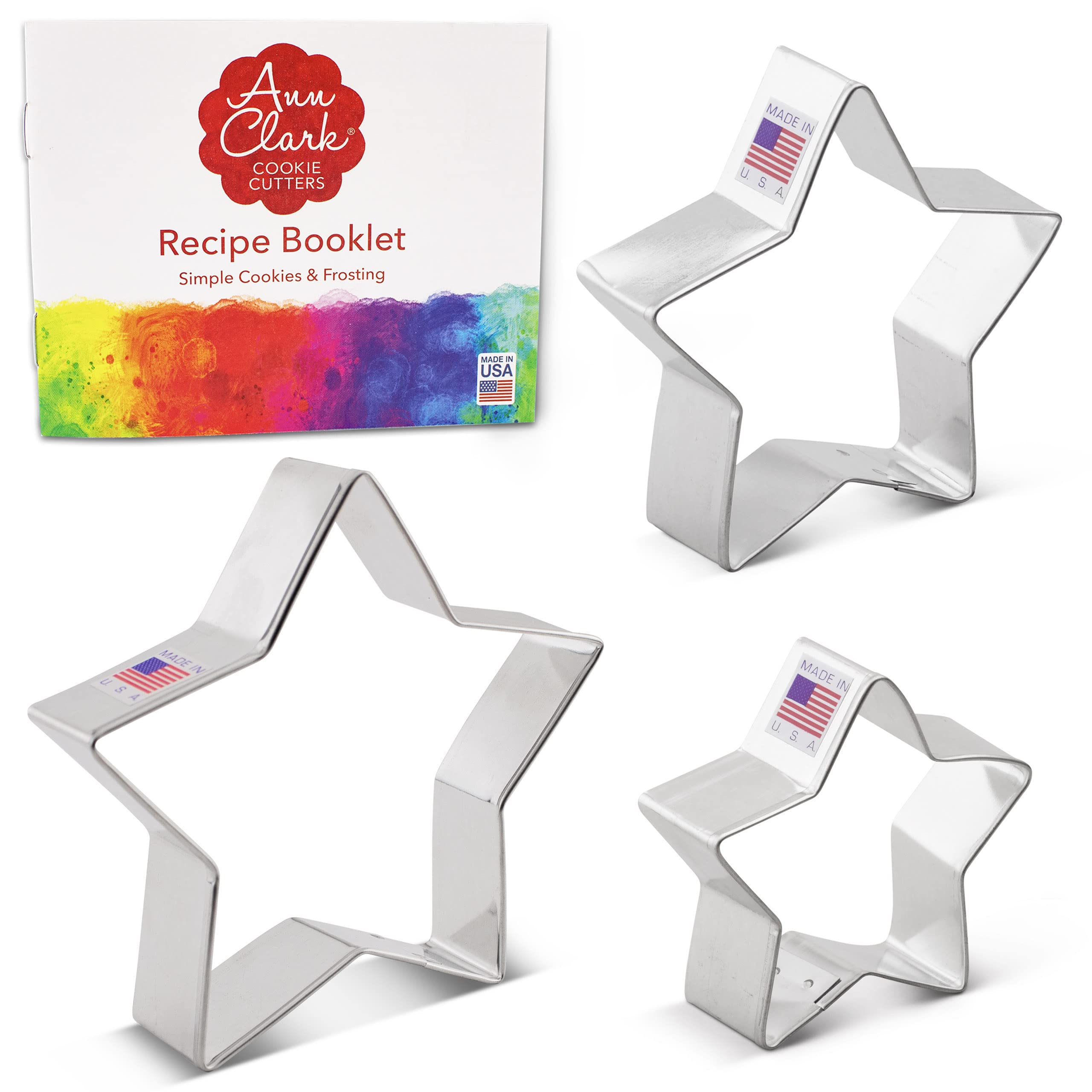 Star Cookie Cutters 3-Pc. Set Made in the USA by Ann Clark, 4", 3.25", 2.75" Shapes