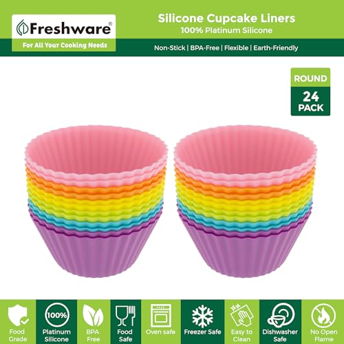 Freshware Silicone Baking Cups [24-Pack] Reusable Cupcake Liners Non-Stick Muffin Cups Cake Molds Cupcake Holder in 6 Rainbow Colors, Standard Round