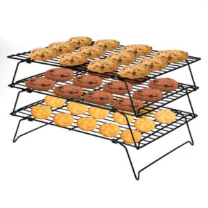 shellkingdom cooling racks, stainless steel non-stick baking racks and oven safe wire cool racks for cookies, cakes and baking,3-tier,foldable