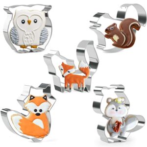 kaishane 5pcs animal cookie cutter set - fox owl raccoon squirrel forest woodland animal cookie cutters molds for kids