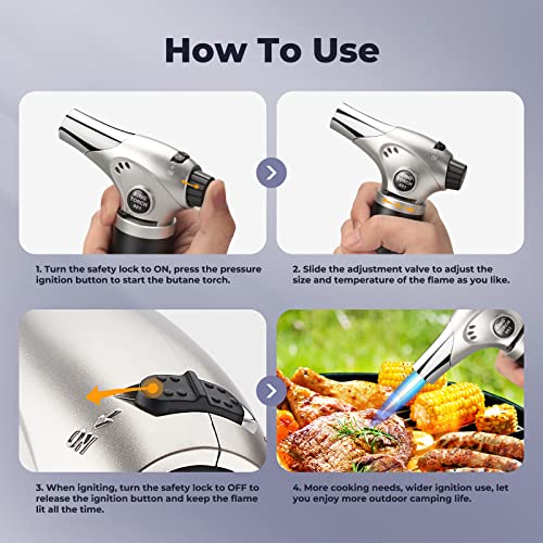 Butane Torch, Refillable Kitchen Torch Lighter with Safety Lock & Adjustable Flame, Culinary Blow Torch Lighter for Desserts, Creme Brulee, BBQ and Baking(Butane Gas Not Included)