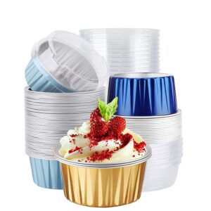 aluminum foil baking cups with lids, 50pcs 5oz foil cupcake liners cups with lids, 125ml disposable foil baking cake cups, aluminum muffin cups for bakery wedding birthday party. (assorted colors)