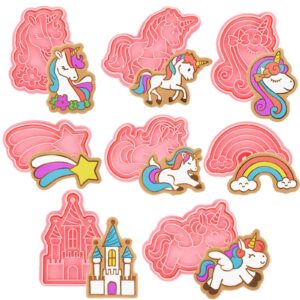 8 pcs unicorn cookie cutters with plunger stamps set unicorn shape embossing cookie stamp pink animal unicorn cracker mold 3d cookie stamped embossed kitchen bakeware tool for party supply