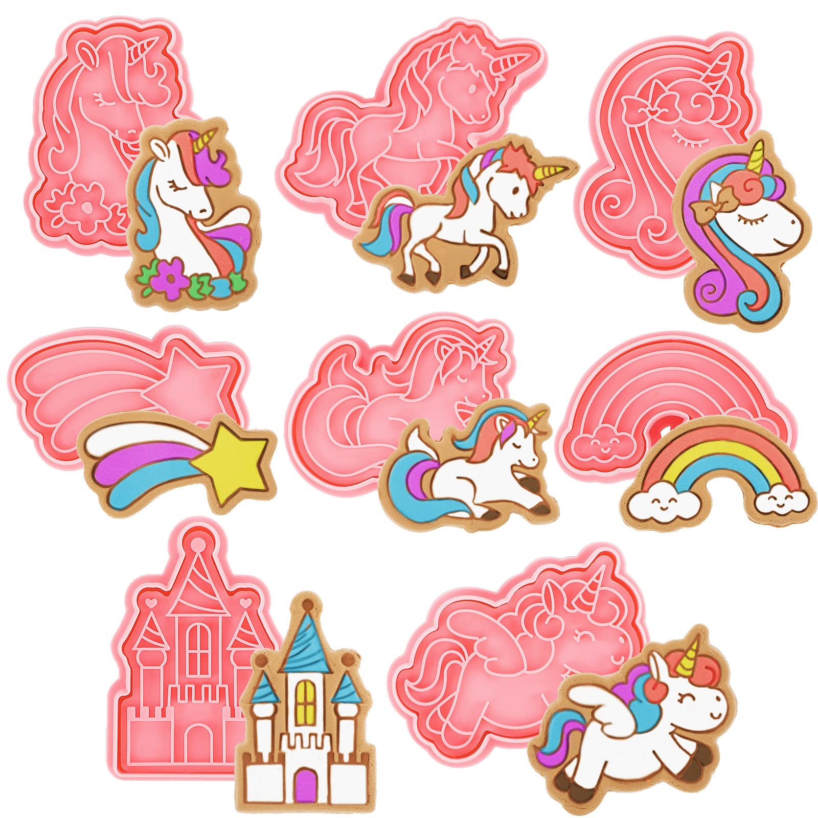 8 Pcs Unicorn Cookie Cutters with Plunger Stamps Set Unicorn Shape Embossing Cookie Stamp Pink Animal Unicorn Cracker Mold 3D Cookie Stamped Embossed Kitchen Bakeware Tool for Party Supply