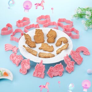 8 Pcs Unicorn Cookie Cutters with Plunger Stamps Set Unicorn Shape Embossing Cookie Stamp Pink Animal Unicorn Cracker Mold 3D Cookie Stamped Embossed Kitchen Bakeware Tool for Party Supply