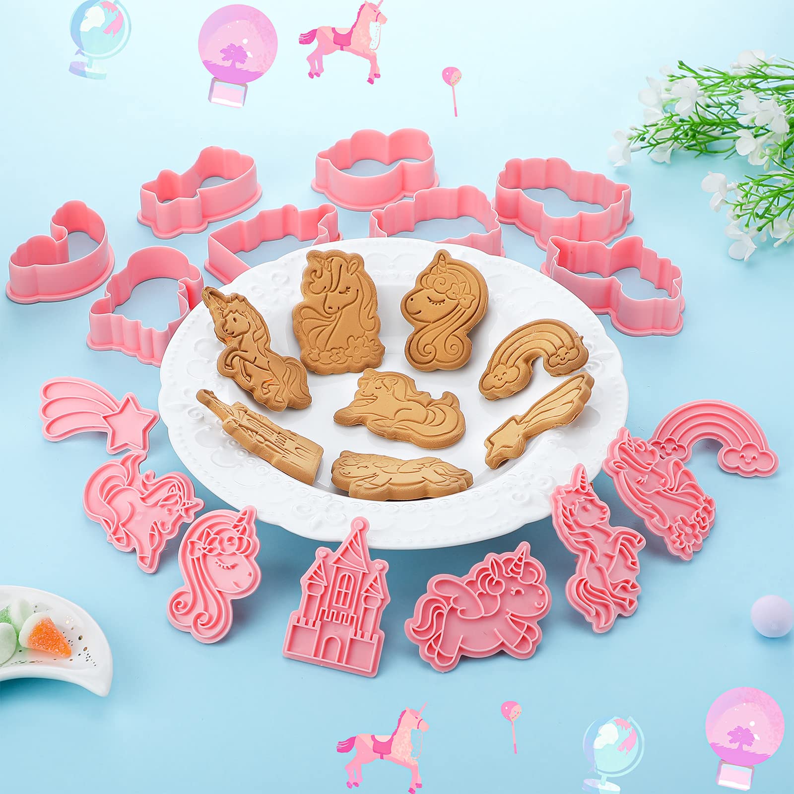 8 Pcs Unicorn Cookie Cutters with Plunger Stamps Set Unicorn Shape Embossing Cookie Stamp Pink Animal Unicorn Cracker Mold 3D Cookie Stamped Embossed Kitchen Bakeware Tool for Party Supply