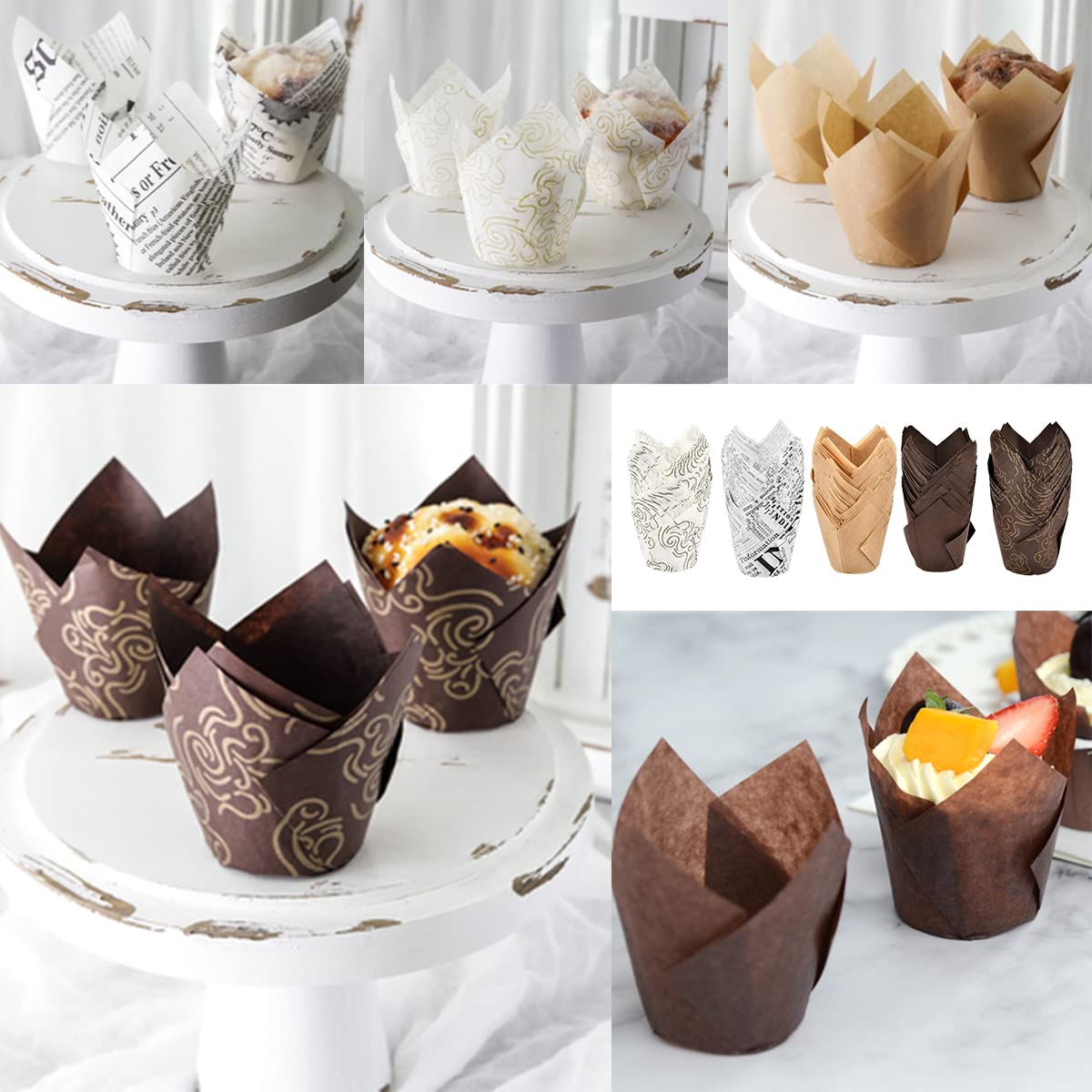 FOCCTS Tulip Cupcake Liners 200PCS, Muffin Cups Paper, Tulip Baking Cups Printed, Grease-resistant Baking Cups for Birthday Wedding Party, Cake Liner Wrappers, Paper Muffin Liners White Brown Natural
