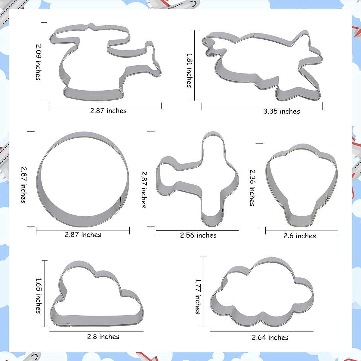 Plane Cookie Cutters Set - 7pcs Airplane Travel and Flying Stainless Steel Cutter Mold for Kitchen Baking Airplane, Cloud Shape Anniversary Birthday Wedding Party Supplies