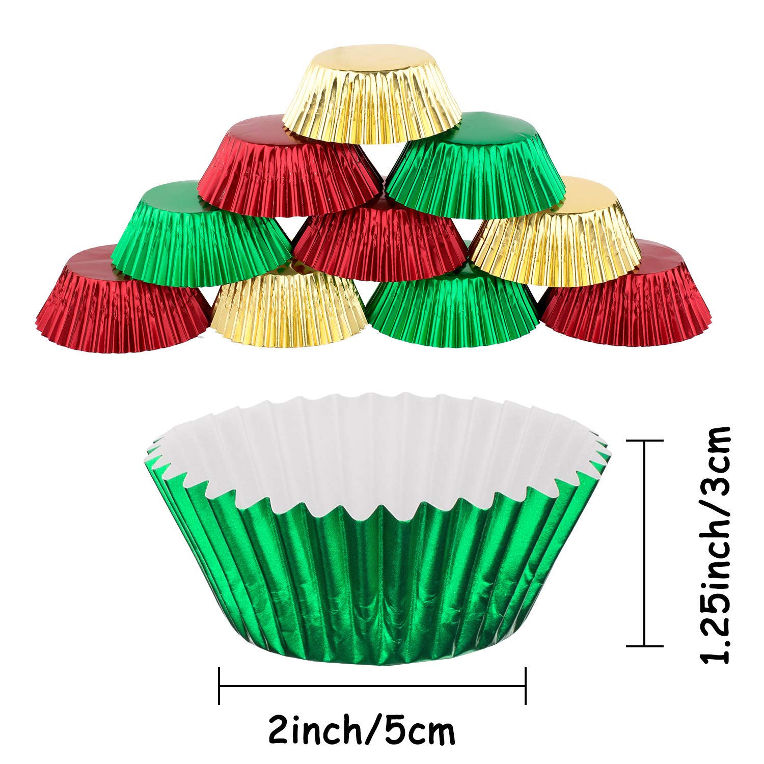 Whaline 300Pcs Foil Metallic Cupcake Liner Baking Cups, Muffin Tins Treat Cups Foil Metallic Cupcake Liners for Christmas Party, Weddings, Birthdays, Baby Showers, Standard Size (Red, Green, Gold)