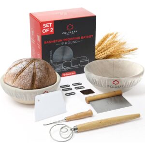 culinary couture proofing basket set - includes 2 rattan banneton baskets & linen liners, metal scraper, plastic scraper, scoring lame, dough whisk, 5 blades with case - complete sourdough starter kit
