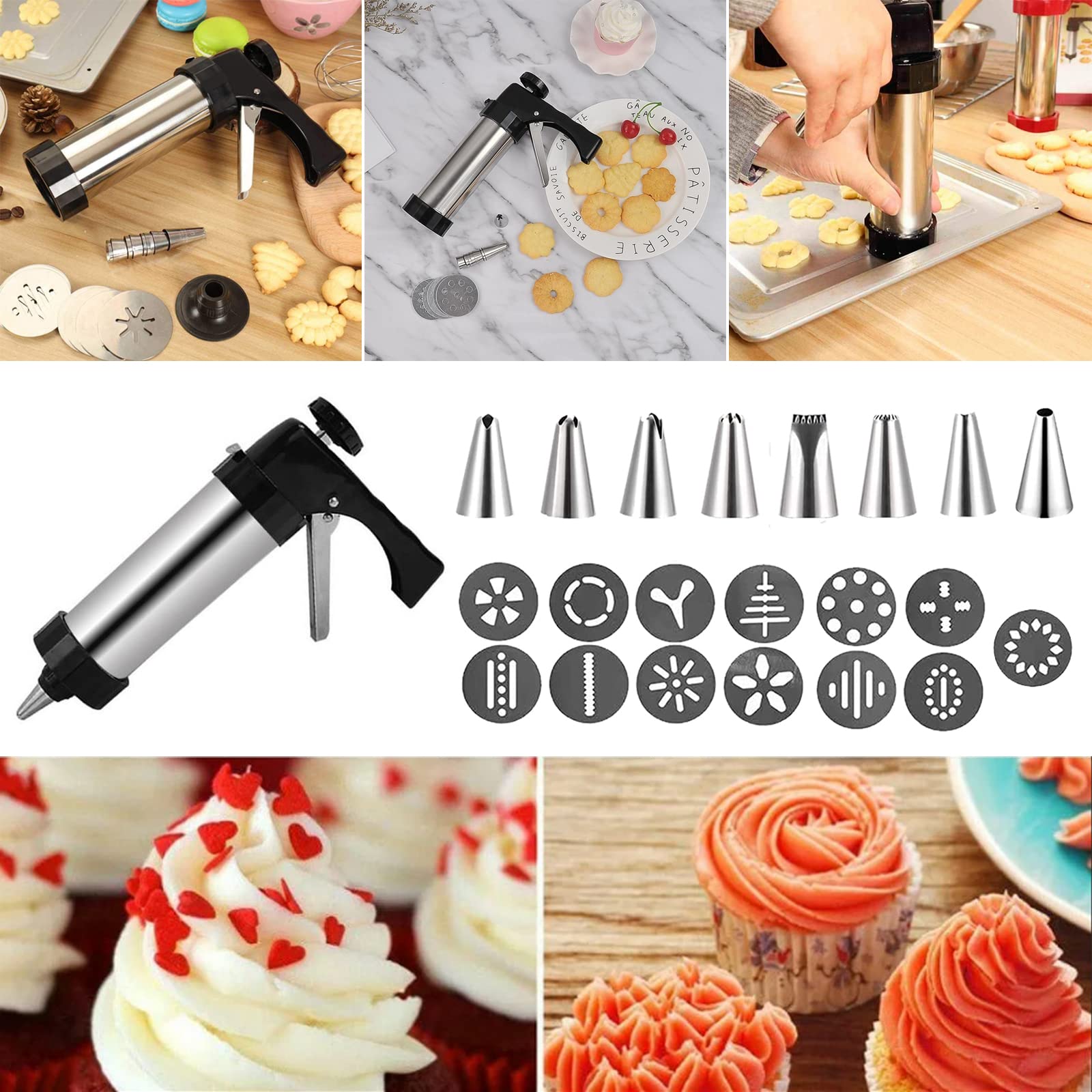 FMLBRDS Cookie Press Gun Kit Biscuit Maker Stainless Steel Cookie Press with 13 Discs and 8 Nozzles