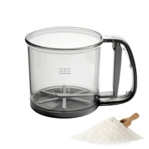 flour sifter for baking, flour sifter, fine mesh with hand press design, portable manual sifter for baking, powdered sugar, flour, bpa free, gray