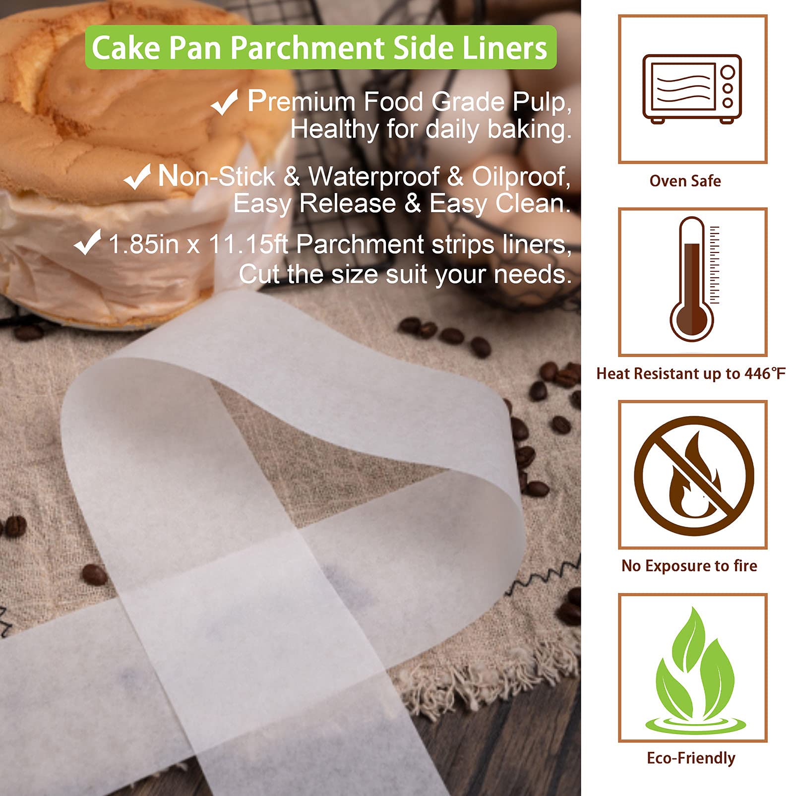 TeamFar Cake Pan Liner, 1.85in x 111ft Parchment Paper Liner Roll, Nonstick Side Liner for Baking Roasting, Healthy & Non-Stick, Heat Resistant & Water Proof-2 Rolls