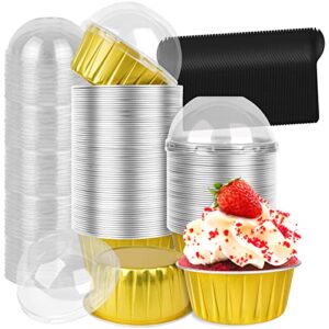 cupcake liners, 50pc aluminum foil cupcake tins with lids 5oz disposable ramekins mini muffin creme brulee cupcake containers dessert cups for wedding party gold