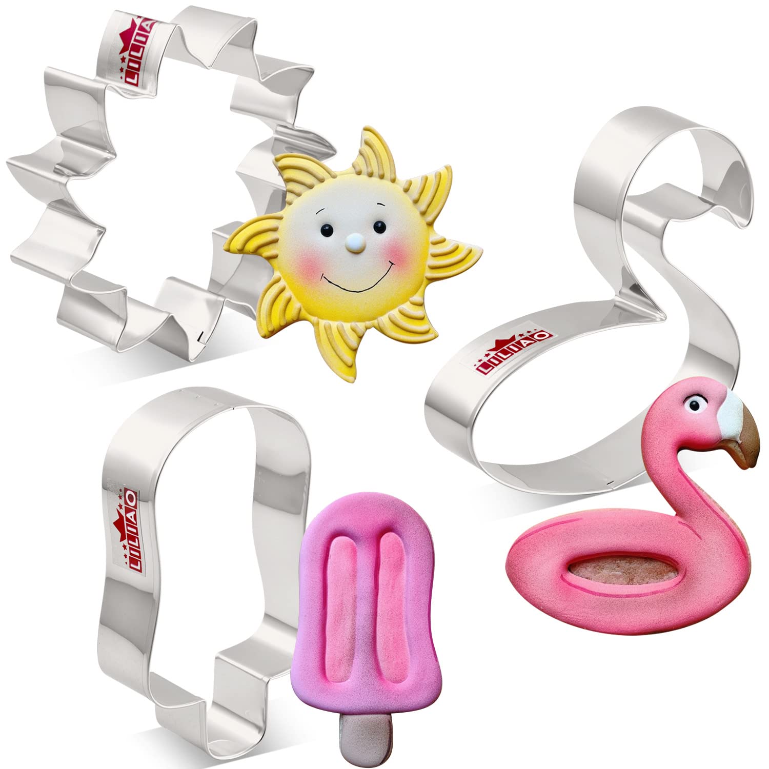 LILIAO Summer Beach Bikini Themed Cookie Cutter Set - 3 Piece - Sun, Flamingo Float and Popsicle Biscuit Fondant Cutter - Stainless Steel