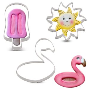 LILIAO Summer Beach Bikini Themed Cookie Cutter Set - 3 Piece - Sun, Flamingo Float and Popsicle Biscuit Fondant Cutter - Stainless Steel