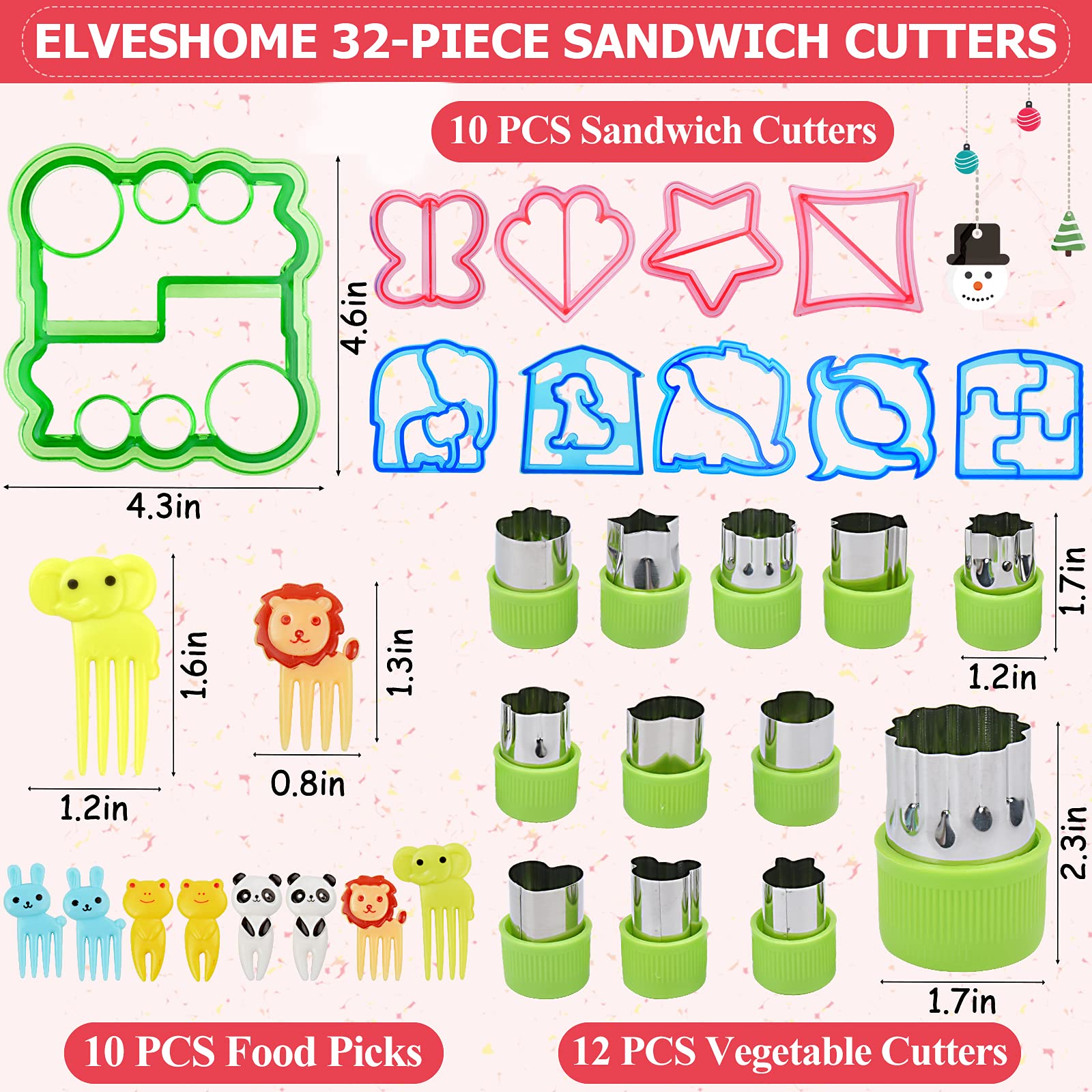 Sandwich Cutters for Kids, 32 PCS Sandwich Bread Cutters Set, Metal Cookie Cutter Set, Food Grade Pick Forks, Cookie Cutters Shapes, Christmas Star Mouse Vegetable Fruit Molds for Kids Bento Box Lunch