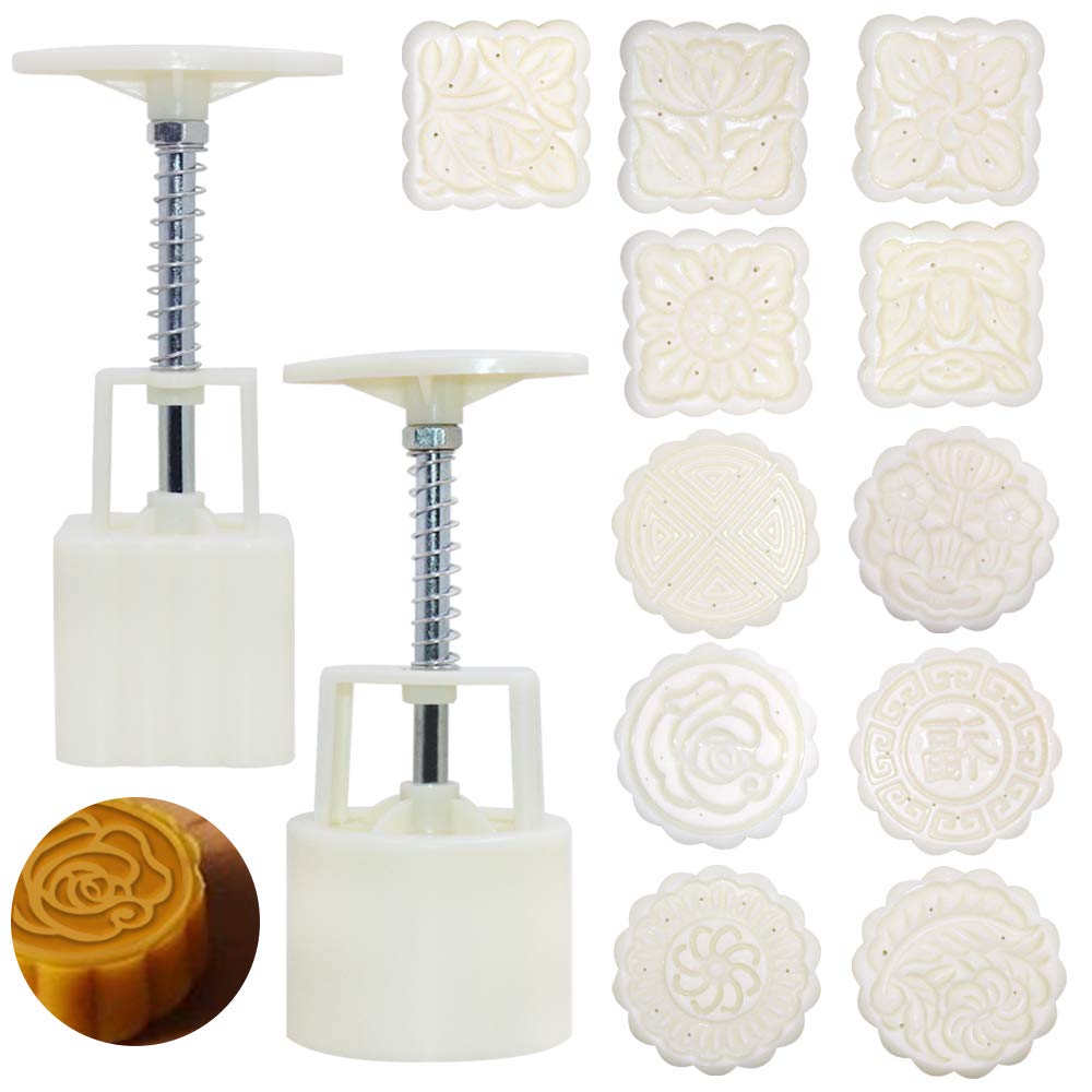 2 Sets Mooncake Mold Press with 11 Stamps, SENHAI Round Flower and Square Flower Decoration Tools for Baking DIY Cake Cookie Biscuit Desser