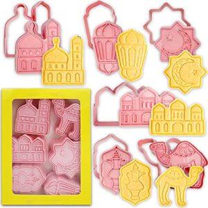 6 pcs eid mubarak cookie cutters set,3d ramadan islamic muslim cookie stamp biscuit cutters,diy biscuit press stamp molds,biscuit embossing fondant baking tool,camel,lantern,islamic star,star,moon