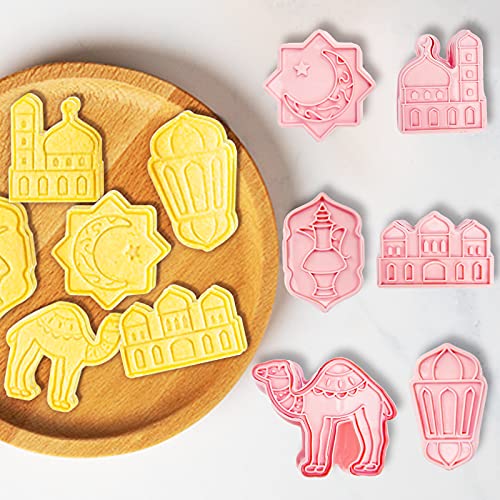 6 Pcs Eid Mubarak Cookie Cutters Set,3D Ramadan Islamic Muslim Cookie Stamp Biscuit Cutters,DIY Biscuit Press Stamp Molds,Biscuit Embossing Fondant Baking Tool,Camel,Lantern,Islamic Star,Star,Moon