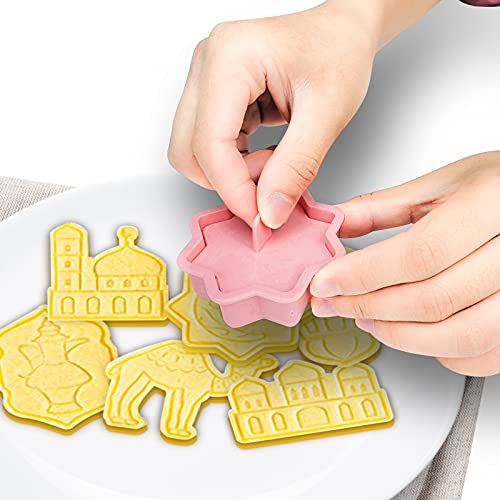 6 Pcs Eid Mubarak Cookie Cutters Set,3D Ramadan Islamic Muslim Cookie Stamp Biscuit Cutters,DIY Biscuit Press Stamp Molds,Biscuit Embossing Fondant Baking Tool,Camel,Lantern,Islamic Star,Star,Moon