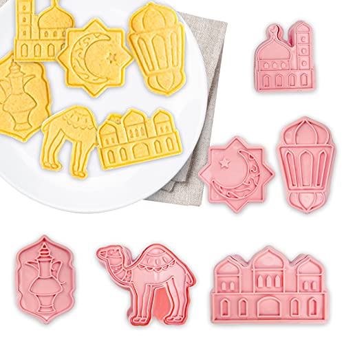 6 Pcs Eid Mubarak Cookie Cutters Set,3D Ramadan Islamic Muslim Cookie Stamp Biscuit Cutters,DIY Biscuit Press Stamp Molds,Biscuit Embossing Fondant Baking Tool,Camel,Lantern,Islamic Star,Star,Moon