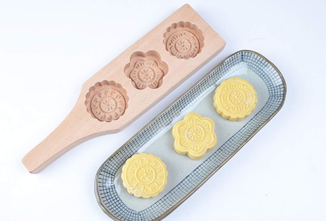 MoonCake Mold Chinese Traditional Mid-autumn Festival Moon Cake Mold 3 Flower Shape Wooden Handmade Baking Mold for Muffin Mooncake Cookie Biscuit Chocolate Pumpkin Pie