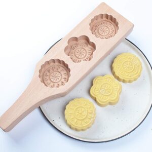 MoonCake Mold Chinese Traditional Mid-autumn Festival Moon Cake Mold 3 Flower Shape Wooden Handmade Baking Mold for Muffin Mooncake Cookie Biscuit Chocolate Pumpkin Pie