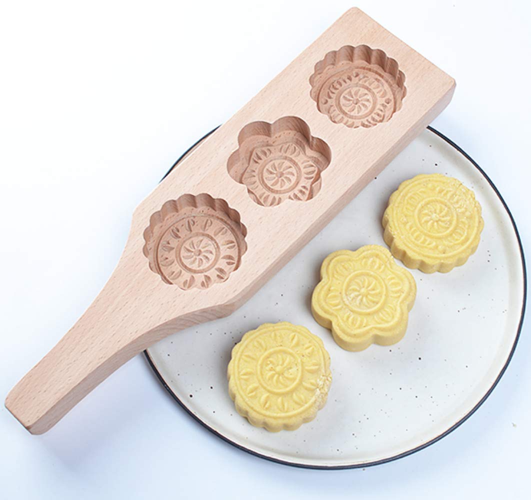 MoonCake Mold Chinese Traditional Mid-autumn Festival Moon Cake Mold 3 Flower Shape Wooden Handmade Baking Mold for Muffin Mooncake Cookie Biscuit Chocolate Pumpkin Pie