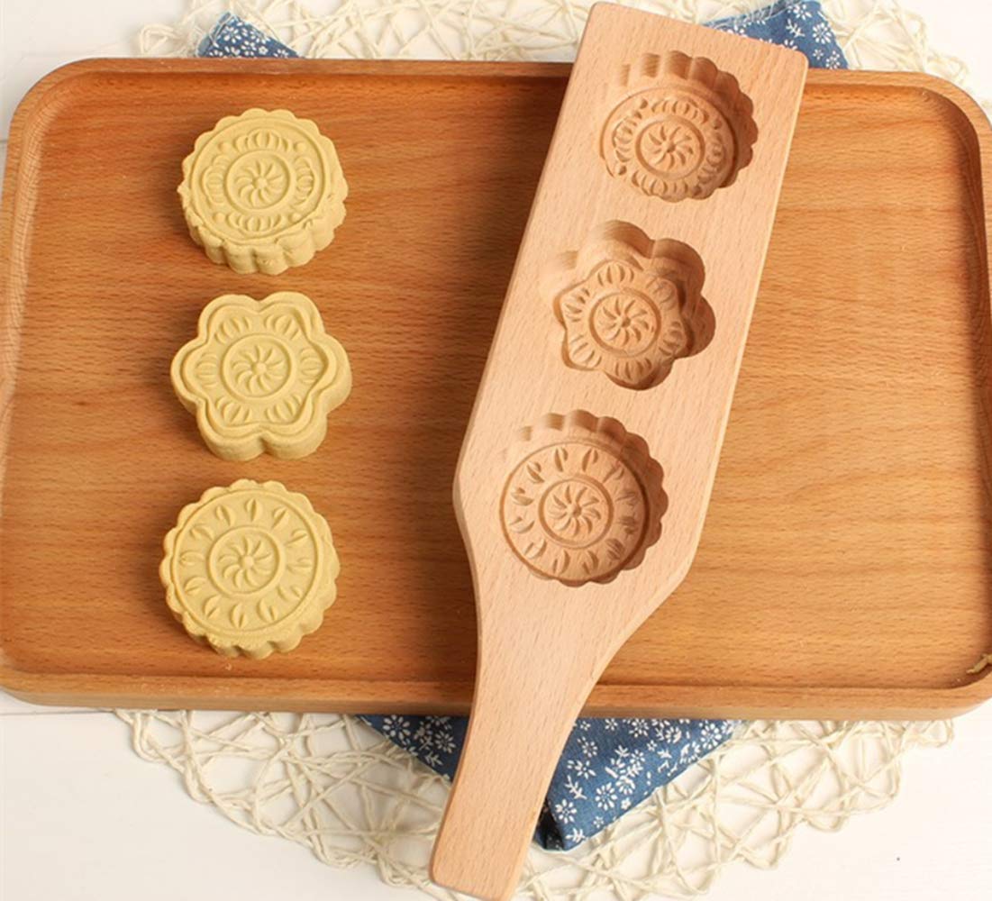 MoonCake Mold Chinese Traditional Mid-autumn Festival Moon Cake Mold 3 Flower Shape Wooden Handmade Baking Mold for Muffin Mooncake Cookie Biscuit Chocolate Pumpkin Pie