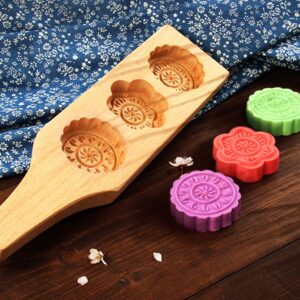 MoonCake Mold Chinese Traditional Mid-autumn Festival Moon Cake Mold 3 Flower Shape Wooden Handmade Baking Mold for Muffin Mooncake Cookie Biscuit Chocolate Pumpkin Pie